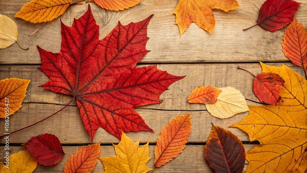 Bold and Colorful Leaf Design on Wooden Background Bold and Colorful Leaf Design on Wooden Background