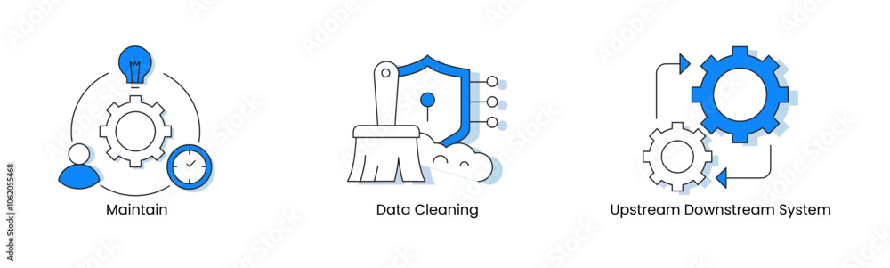 Data Management Essentials. Icons Included: Data Cleaning, Upstream Downstream System, Maintain Data Management Essentials. Icons Included: Data Cleaning, Upstream Downstream System, Maintain
