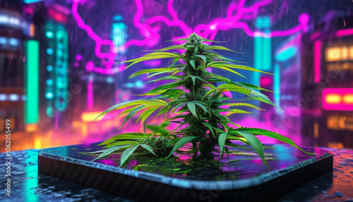 Neon Cyberpunk World Display Weed, futuristic city drenched in neon hues, cannabis plants are genetically modified to glow in psychedelic colours, vivid purple and cyan lightning strikes, rain splash photo