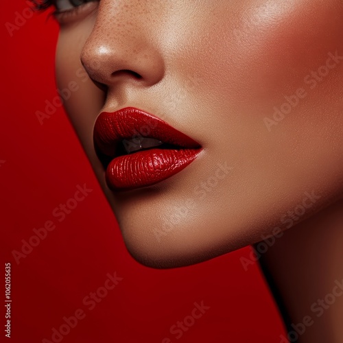 Side profile of a woman wearing vibrant red lipstick