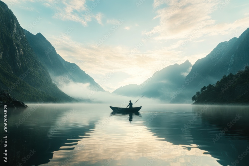 Fototapeta premium Serene Fisherman on Calm Mountain Lake at Sunrise