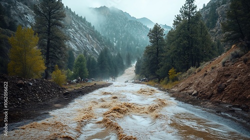 Flash floods and mudslides flow down from the mountains at high speed, carrying trees and rocks along the way. There are traces of erosion along the banks and scattered plant debris. photo