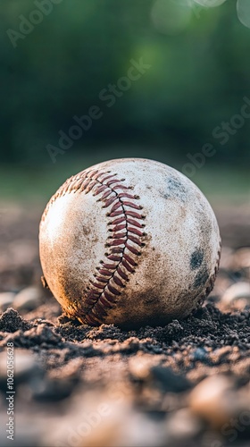 Close Up of a Worn Baseball on a Dirt Field