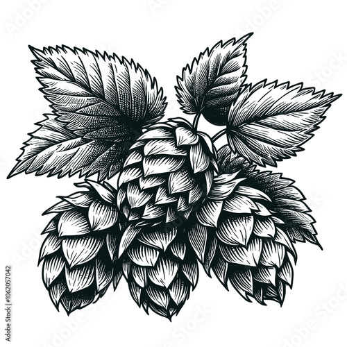 A hand-drawn sketch of a hops, showing clusters and leaves, ideal for beer-related designs or botanical prints is presented as a vector illustration