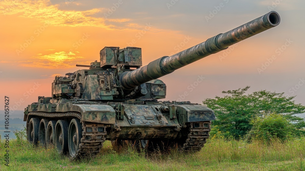 Military Tank at Sunset with Cannon Facing Forward Military Tank at Sunset with Cannon Facing Forward