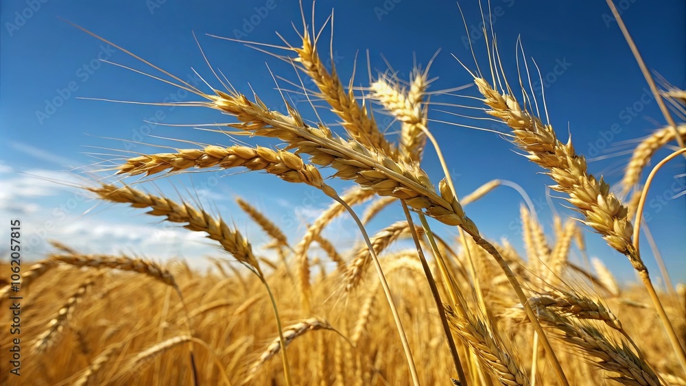 Golden Wheat Heads Glowing Under Blue Sky Golden Wheat Heads Glowing Under Blue Sky