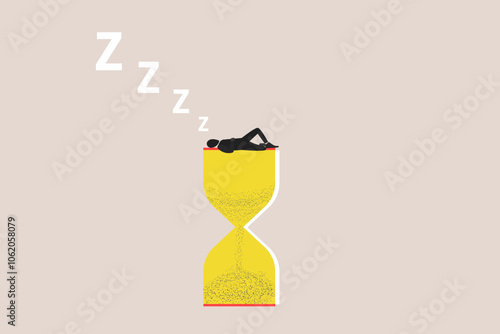 Tired bored businessman sleep on hourglass. concept of boring work, dead end job, overwork extra after hours, lack of sleep, insomnia consequences, need rest