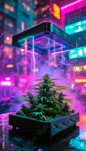 Neon Cyberpunk World Display Weed, futuristic city drenched in neon hues, cannabis plants are genetically modified to glow in psychedelic colours, vivid purple and cyan lightning strikes, rain splash photo