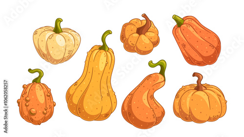 Charming Illustration Featuring A Variety Of Autumn Pumpkins Displayed On A White Background