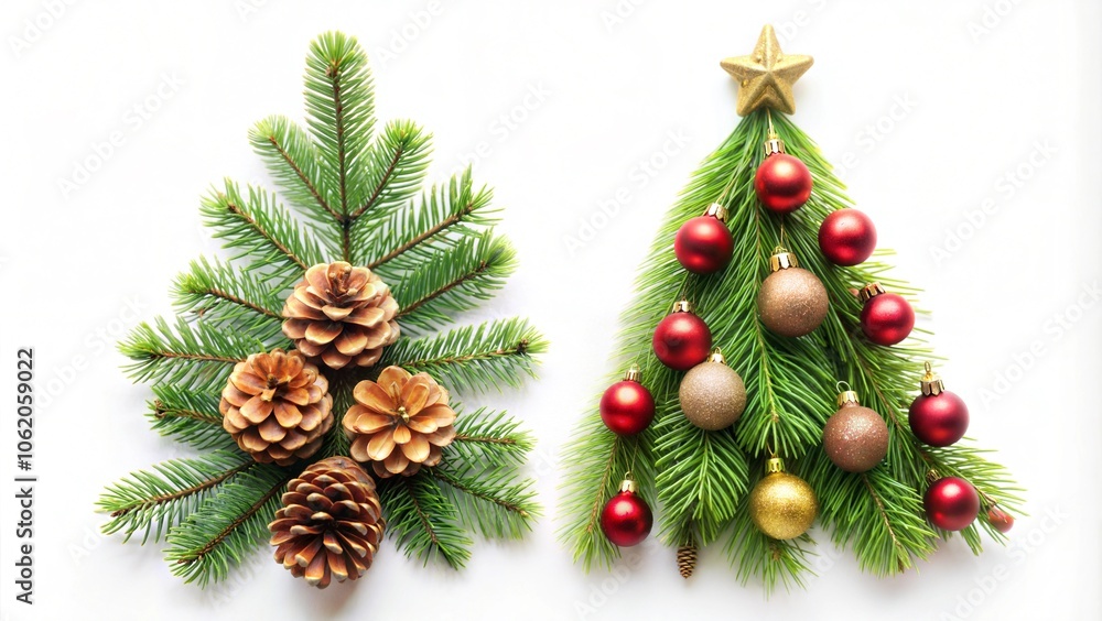Top view Christmas branch plant tree leaf pine ornament festival lay flat white background Top view Christmas branch plant tree leaf pine ornament festival lay flat white background