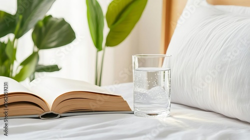 Glass of water and calming book beside bed, signifying sleep and hydration, hydration sleep wellness photo