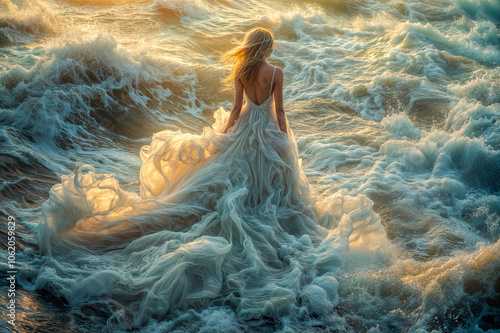 Femme en robe blanche de mariée faite de vagues et d'écume de mer