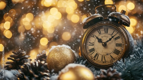 A beautiful Christmas background with a vintage clock surrounded by golden baubles and snow-dusted pinecones.