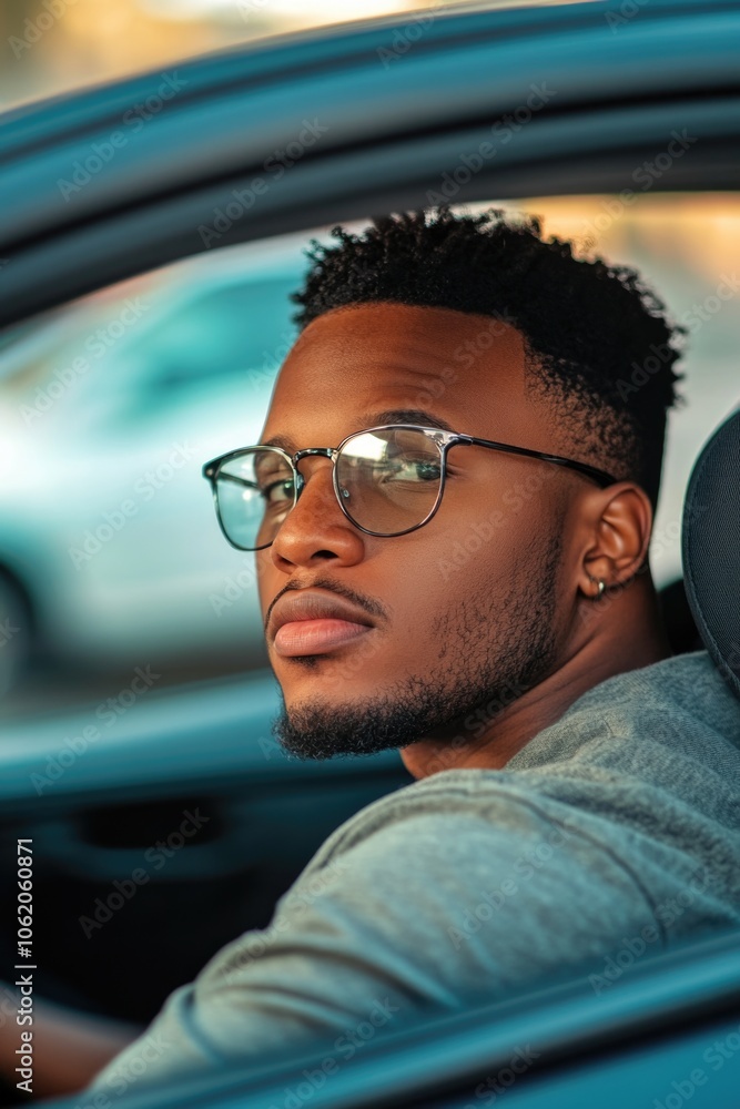 A young man driving a car with sunglasses on, looking forward. A young man driving a car with sunglasses on, looking forward.