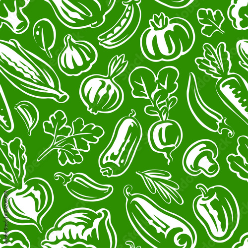 Seamless pattern with various vegetables. Vegetarian background with healthy organic farm food. Vector illustration