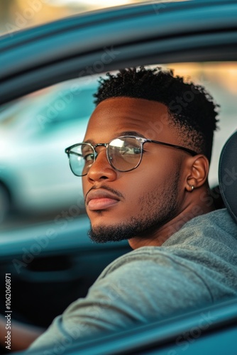 A young man driving a car with sunglasses on, looking forward.