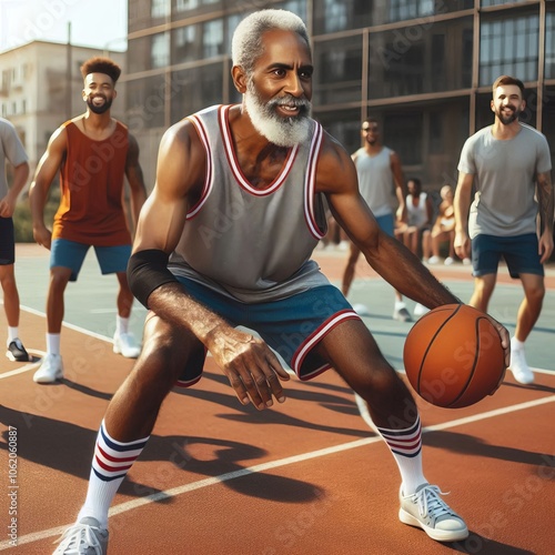 Uncle playing basketball in a court