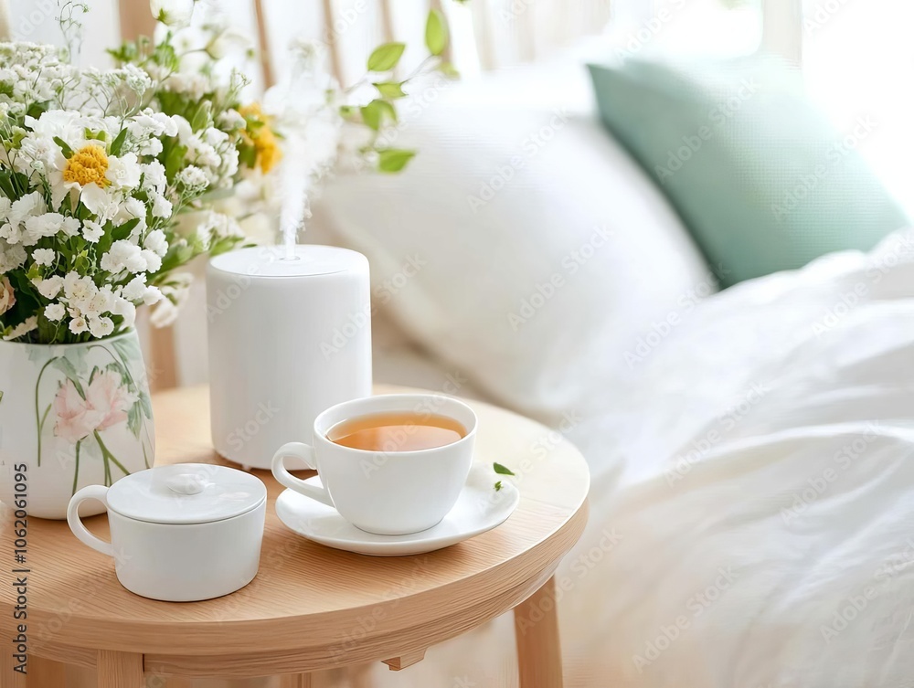 Bedside table with floral tea and diffuser, evoking calm before sleep, floral tea sleep Bedside table with floral tea and diffuser, evoking calm before sleep, floral tea sleep