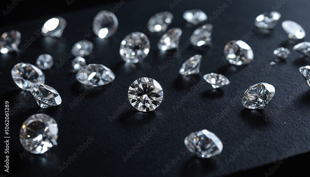 A collection of glimmering diamonds lies on a dark surface, reflecting light and creating a stunning display of shapes and brilliance, emphasizing their beauty and elegance A collection of glimmering diamonds lies on a dark surface, reflecting light and creating a stunning display of shapes and brilliance, emphasizing their beauty and elegance