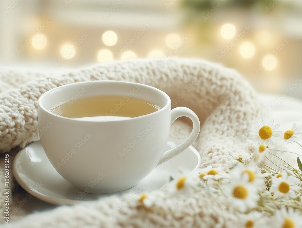Cup of chamomile tea near cozy blanket, room softly glowing with warm light, tea calm relaxation Cup of chamomile tea near cozy blanket, room softly glowing with warm light, tea calm relaxation