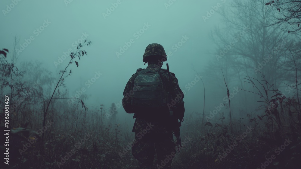 Silhouetted Soldier in Foggy Forest Military Nature Mystery Silhouetted Soldier in Foggy Forest Military Nature Mystery