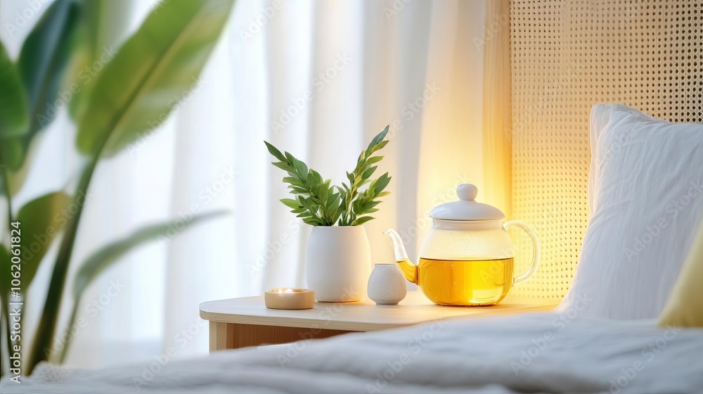Gentle light casting on herbal tea by bedside, creating a calming nighttime scene, tea relaxation sleep Gentle light casting on herbal tea by bedside, creating a calming nighttime scene, tea relaxation sleep