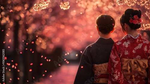 Couple in Traditional Clothing Under Cherry Blossoms