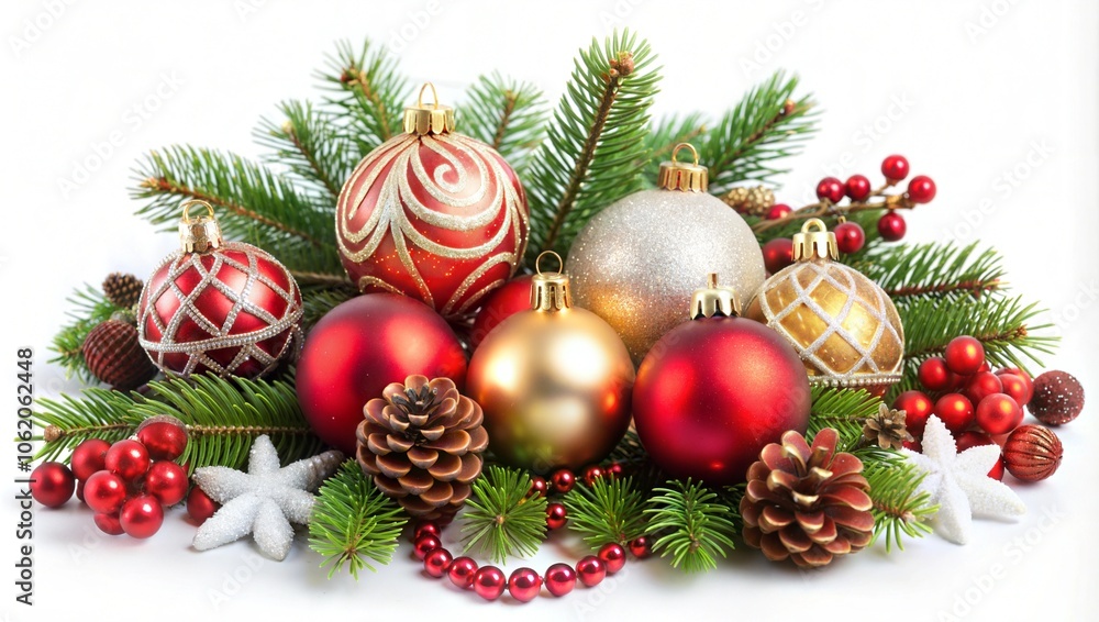 Top view Christmas branch plant tree leaf pine ornament festival lay flat white background Top view Christmas branch plant tree leaf pine ornament festival lay flat white background
