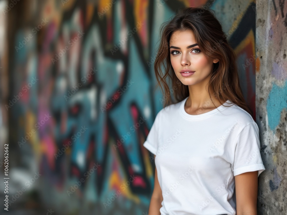 Fototapeta premium A fashionable young woman stands against a vibrant graffiti wall, wearing a casual white shirt
