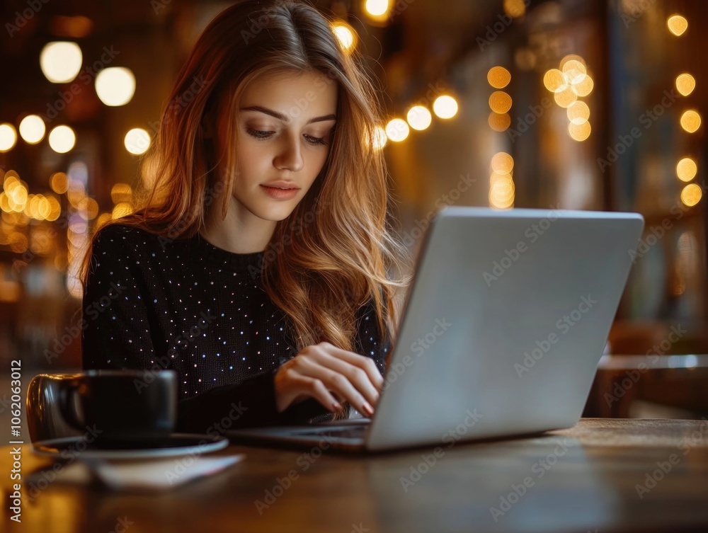 A woman engrossed in her work on a laptop, surrounded by the ambience of a modern cafe with soft lights. A woman engrossed in her work on a laptop, surrounded by the ambience of a modern cafe with soft lights.