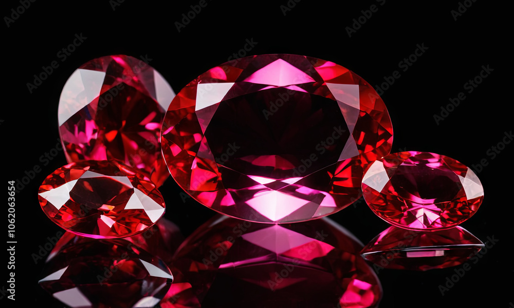 A collection of sparkling red gemstones of different shapes and sizes rests elegantly on a glossy black surface, reflecting light beautifully A collection of sparkling red gemstones of different shapes and sizes rests elegantly on a glossy black surface, reflecting light beautifully