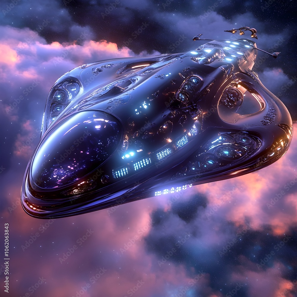 Futuristic Spacecraft Soaring Through Cosmic Storm in Interstellar Atmosphere Futuristic Spacecraft Soaring Through Cosmic Storm in Interstellar Atmosphere