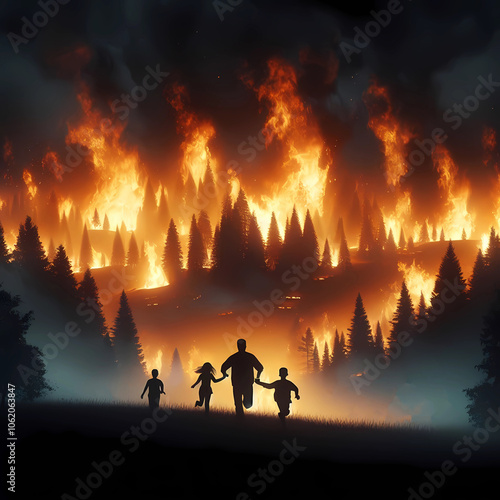 family running away from wildfire