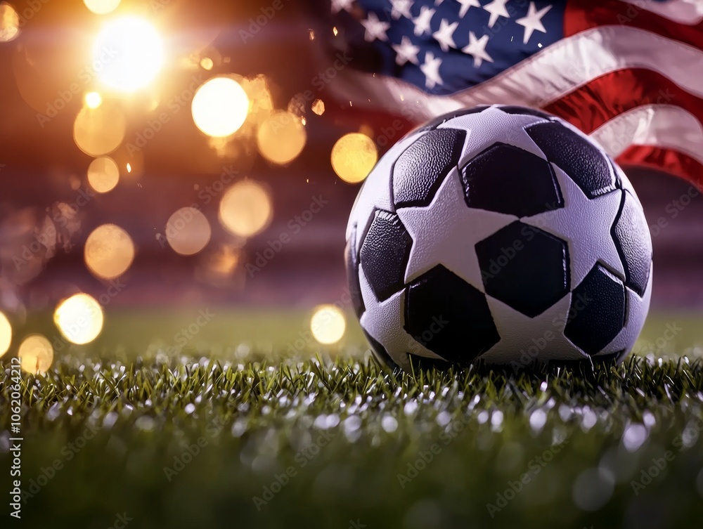 Fototapeta premium A soccer ball resting on grass with a blurred American flag and bokeh lights in the background, symbolizing sports and patriotism.