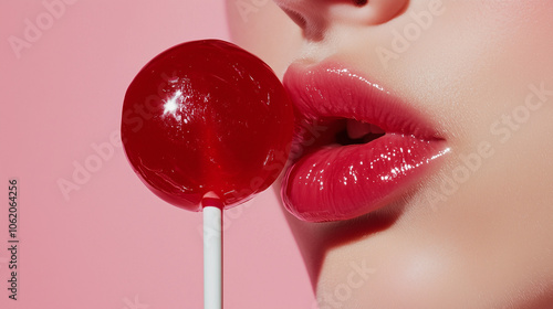 Glossy lips with red lollipop close-up, Beauty shot of vibrant lips with candy accent. Close-up. cosmetic shot, beauty industry advertising photo.