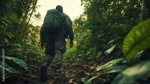 Soldier Walking Through Lush Jungle   Adventure  Exploration  Camouflage  Hiking photo