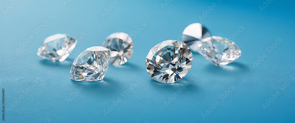 Multiple clear diamonds are scattered artistically on a bright blue surface, reflecting light and showcasing their exquisite brilliance and clarity Multiple clear diamonds are scattered artistically on a bright blue surface, reflecting light and showcasing their exquisite brilliance and clarity