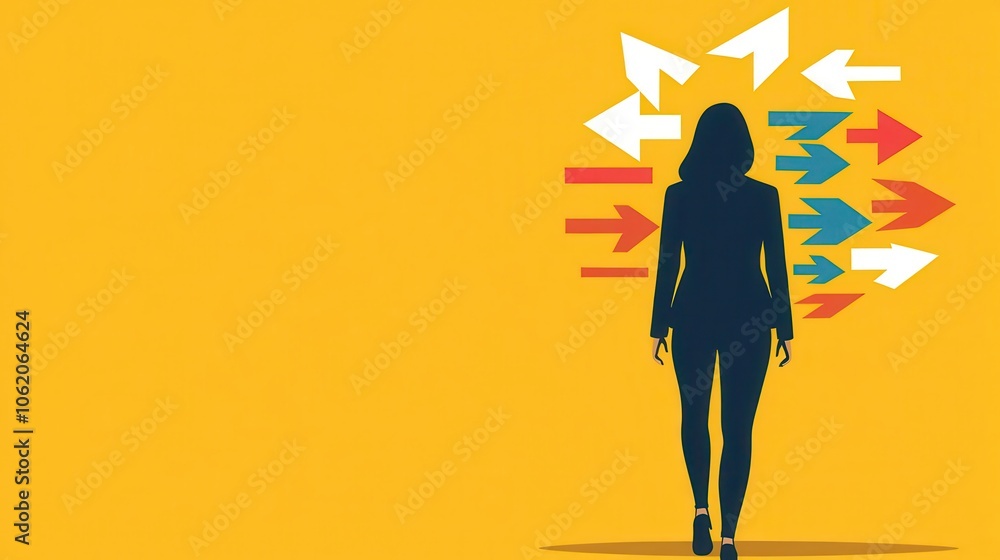 Businesswoman walking on path of arrows, focused on reaching goals Businesswoman walking on path of arrows, focused on reaching goals