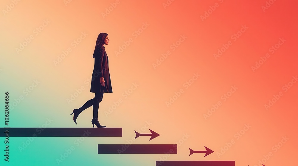 Obraz premium Businesswoman walking on path of arrows, focused on reaching goals