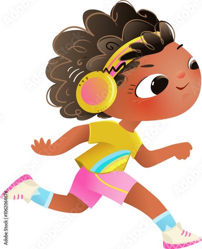 African American girl running fast, wearing headphones. Colorful active sportive character design. Children sport and fitness for school and preschool kids. Vector illustration isolated clip art.