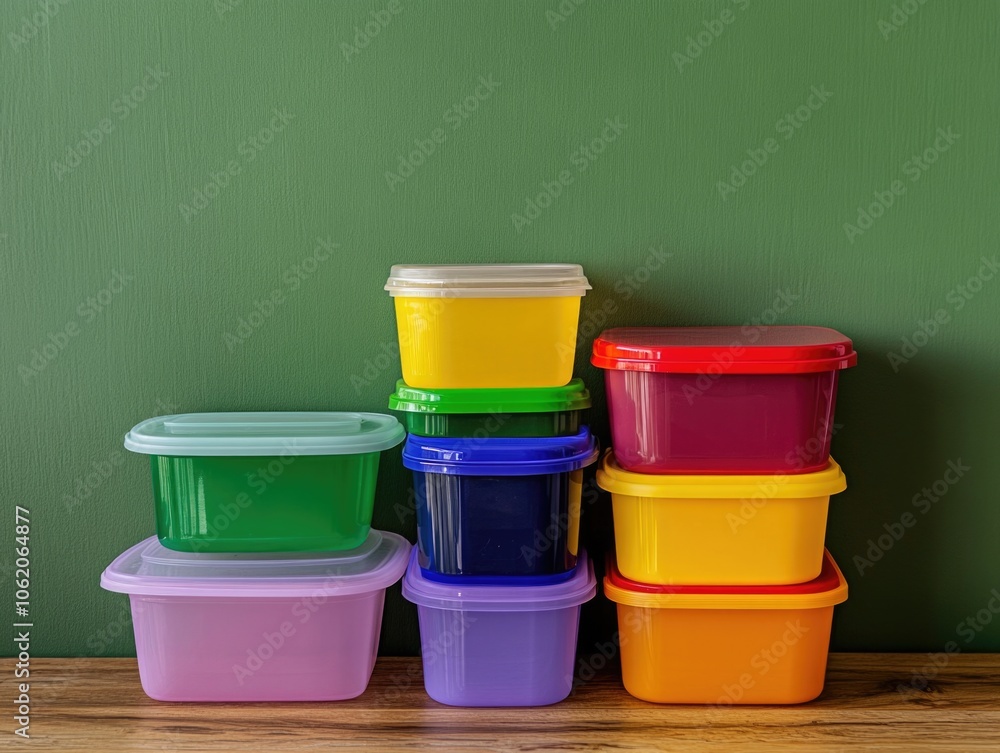 Set of stackable plastic containers in various colors and sizes, ideal for food storage and organization. Each container has a clear lid and a snap-top. Set of stackable plastic containers in various colors and sizes, ideal for food storage and organization. Each container has a clear lid and a snap-top.