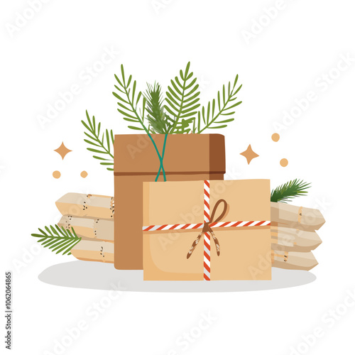 Eco-friendly wrapped gifts with pine branches Christmas decoration

