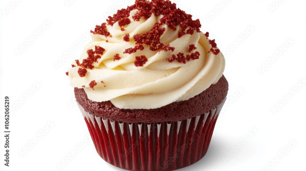 Red velvet cupcake with cream cheese frosting, topped with a sprinkle of red crumbs Red velvet cupcake with cream cheese frosting, topped with a sprinkle of red crumbs