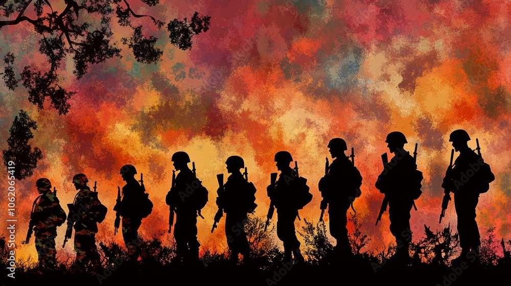 Silhouette of Soldiers in Combat Zone with Sunset Sky Silhouette of Soldiers in Combat Zone with Sunset Sky