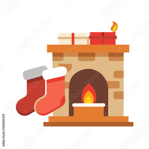 Christmas Fireplace with Stockings and Gifts Cartoon

