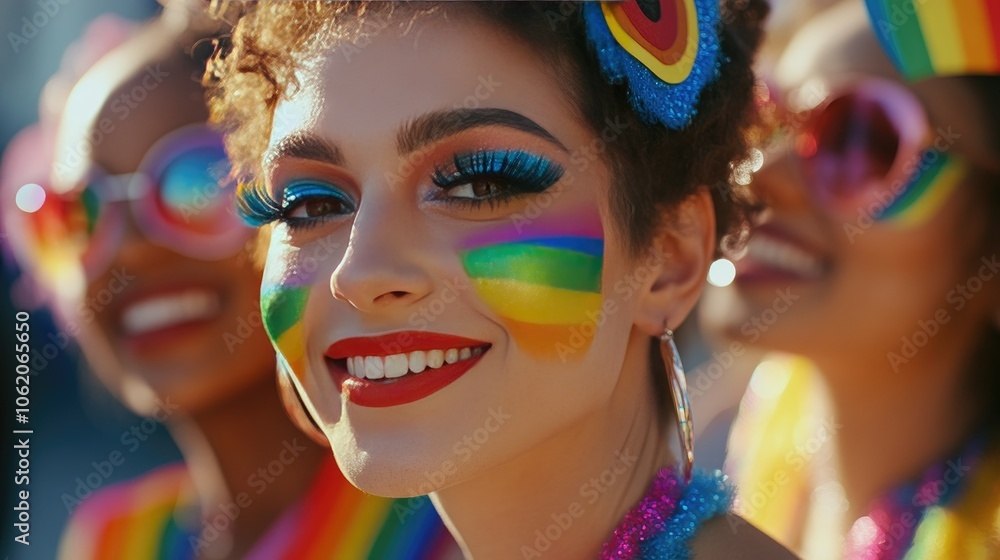 A close-up shot of a diverse group of adults proudly displaying their individuality with rainbow-themed makeup and outfits, celebrating inclusivity and love during Pride Month. A close-up shot of a diverse group of adults proudly displaying their individuality with rainbow-themed makeup and outfits, celebrating inclusivity and love during Pride Month.