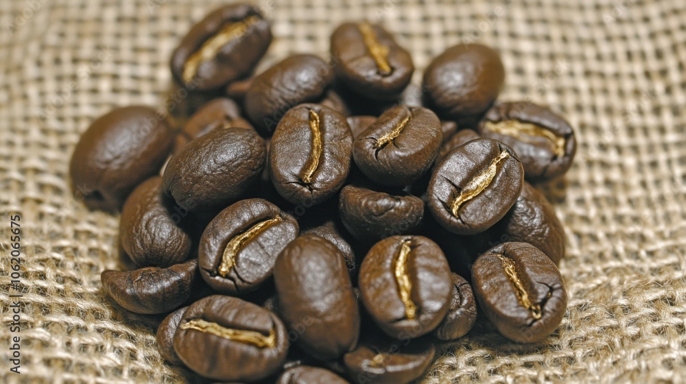 Roasted coffee beans in a burlap sack, earthy and aromatic Roasted coffee beans in a burlap sack, earthy and aromatic