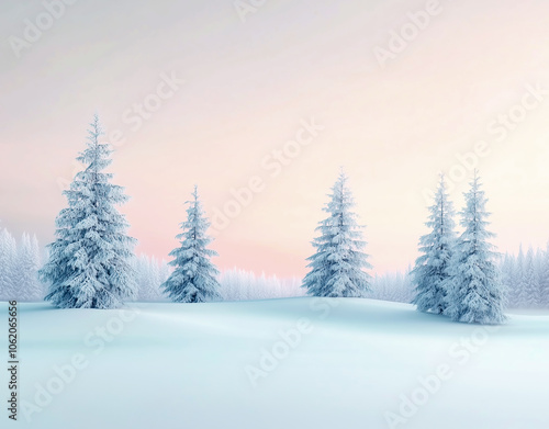 snowy forest landscape with pine trees covered by lush snow. sunrise in winter. cold weather. calm pastel colors. winter background