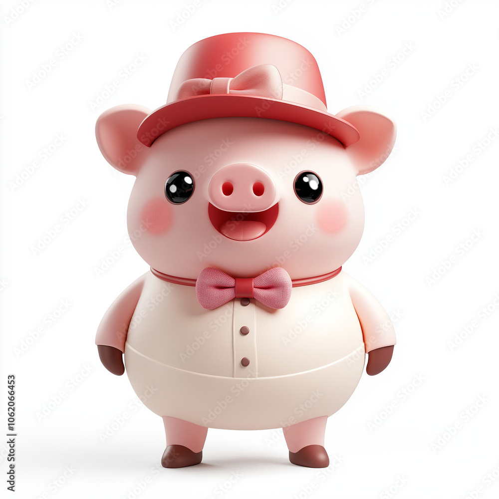 Fototapeta premium Cute Kawaii Pig Character in Bowtie and Hat - Adorable Cartoon Design for Kids