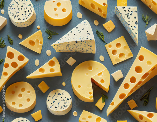 Playful arrangement of cheese icons with vibrant colors on a blue background. Generative AI